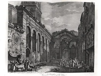 Vue du péristyle du palais de Dioclétien (245-313), empereur romain 284-305, à Split sur la côte dalmate, gravée par P. Santini, 1768